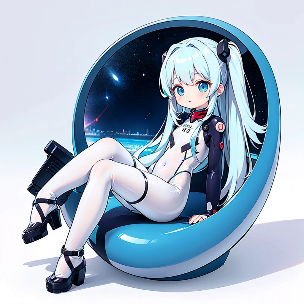 Little、cute、Perfect Anatomy、Ultra-high resolution、Best aesthetics、Top quality foot depiction、Anime Style、Flat avatar、Milky white and blue hair color、Long Straight Hair、Sitting with her legs stretched out、Inside a circular shape、Simple Background、Evangelion Plugsuit Clothes、