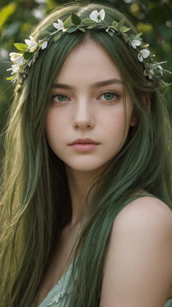 face portrait. a girl. european. extremely detailed face. oval face. delicate features. half-closed eyes. soft eyes. sad expression. seductive eyes. green eyes. long messy hairstyle. green hair. wreath on head. front view