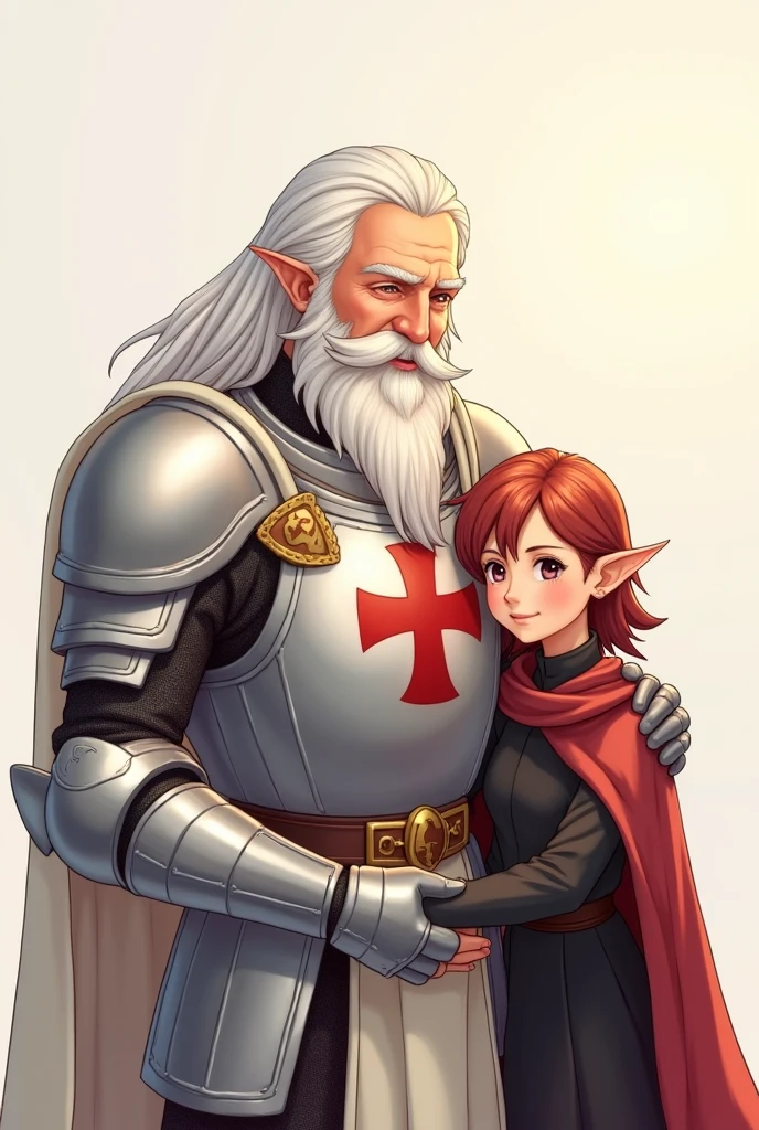 An old human paladin, with white hair on his shoulders and a beard, silver armor with a red Maltese cross on the chest, next to a 1 year old brunette elf,68, with reddish brown hair and black clothes, both smiling at the camera, アニメ