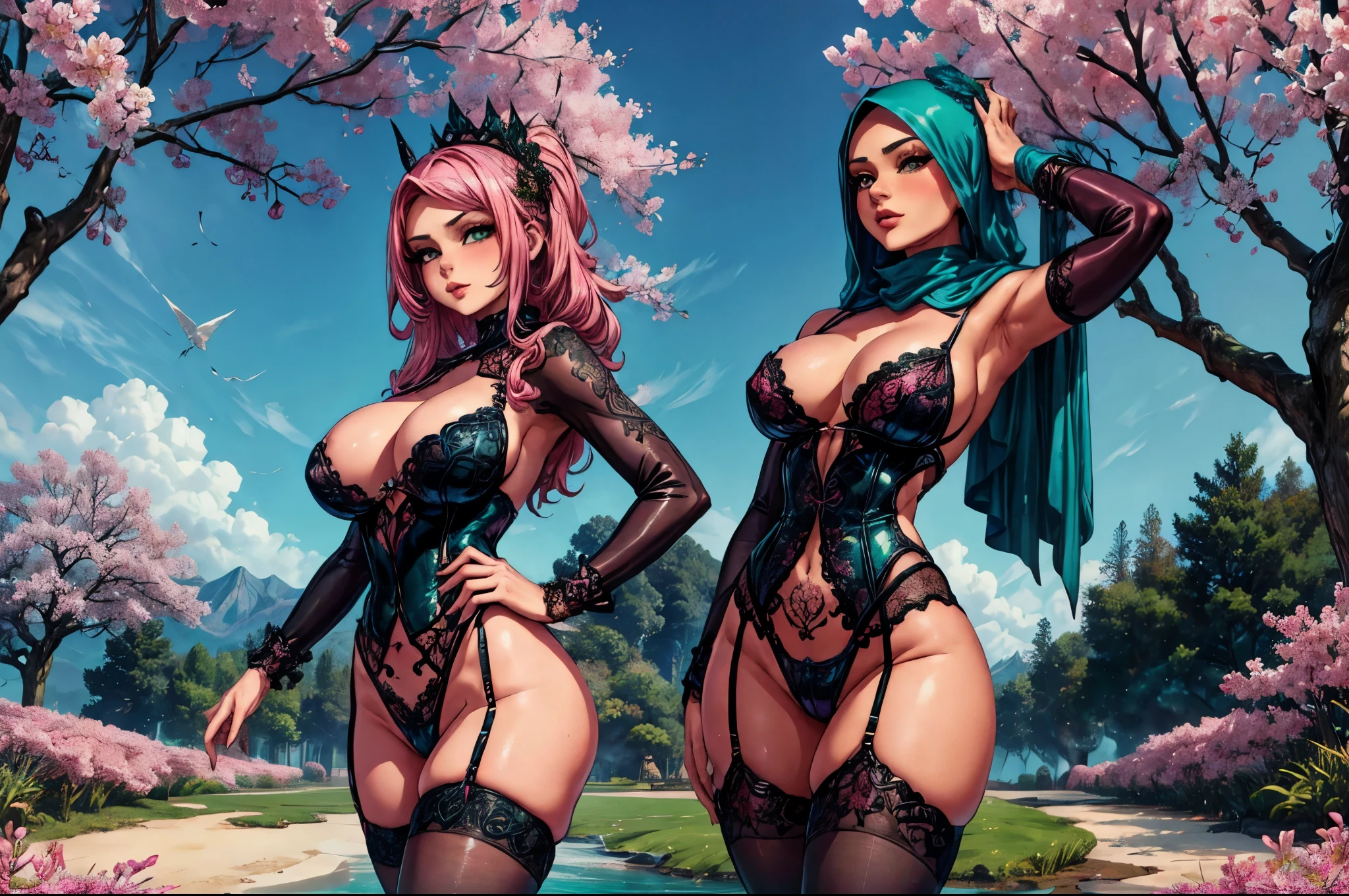 A seductive MILF Muslim, wearing provocative PVC pink corset lingerie, a silk headscarf, and stockings. Her body is adorned with intricate tattoos, standing in the middle of a green field, full of Sakura flower, ine the middle of a garden, heavenly scenery, sunny day, vivid, cinematic