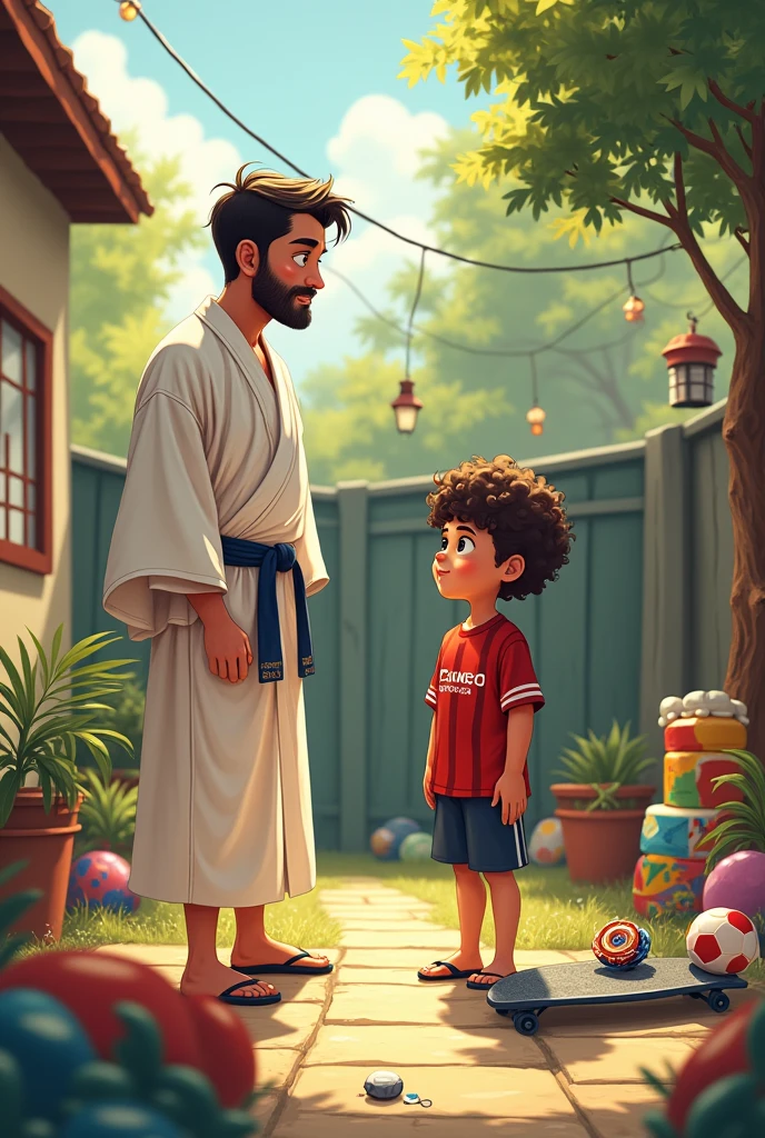 Pai cabelo curto e barba usando judo kimono e filho cabelo enrolado usando camisa do São Paulo Futebol 
Clube  conversando no quintal com vários brinquedos a volta, judo kimono, bal, blayblade, Video game, skate, 