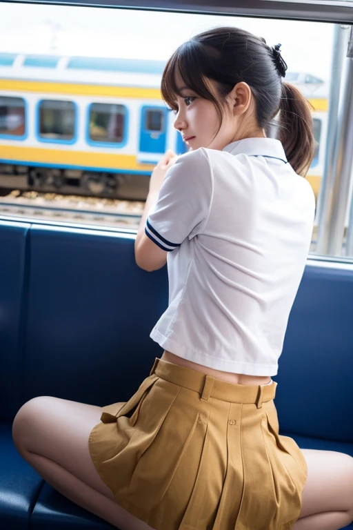 (RAW Photos: 1.2), Highest quality, Beautiful detailed girl, Bunny girl, smile, Highly detailed eyes and face, Beautiful attention to detail, Large file size, High resolution, High resolution, 8k wallpaper, The finer details, highly detailed ticker uniform 8k wallpaper, Light on the face, Cinema Lighting, , Sexy pose, (Photorealism: 1.4), figure, Surrealism, From below,,Thick thighs,nsfw,Extremely large breasts,Spread your legs,Black Panties,Showing panties,lift up skirt,Show your ass,
,white short sleeve shirt,プリーツskirt, Black Pantyhose, tie, skirt, bag, 胸の間 school bag, behind,On all fours,Show your ass,Pussy、Pussyを見せる、