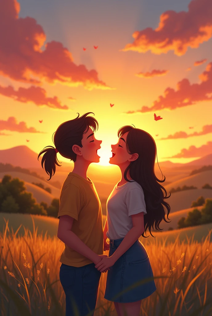 Draw a picture of two good friends singing in the sunset