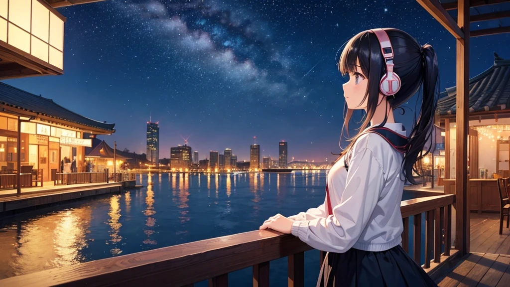 Enjoy boat racing at Suminoe Boat Races。A young girl with black hair wearing stylish clothes and headphones labeled "lo-fi" The girl is shown in profile, gazing into the distance with a calm, relaxed expression Background depicts the iconic scenery of Namba, Osaka at night, without any text on signs A starry night sky adding to the peaceful atmosphere Overall mood is quiet and serene, perfect for lo-fi music Detailed hair rendering and careful attention to the girl's fashionable outfit The entire scene should evoke a relaxing, introspective feeling associated with lo-fi music