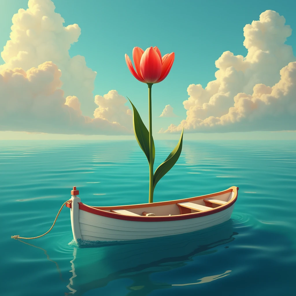 there is a boat with a tulip on it floating in the ocean, surrealistic digital artwork, surreal like dali, kerem beyit, surrealist conceptual art, surreal illustration, surreal art, surreal concept art, surreal digital art, 3 d epic illustrations, , beautiful digital artwork, surrealist artwork