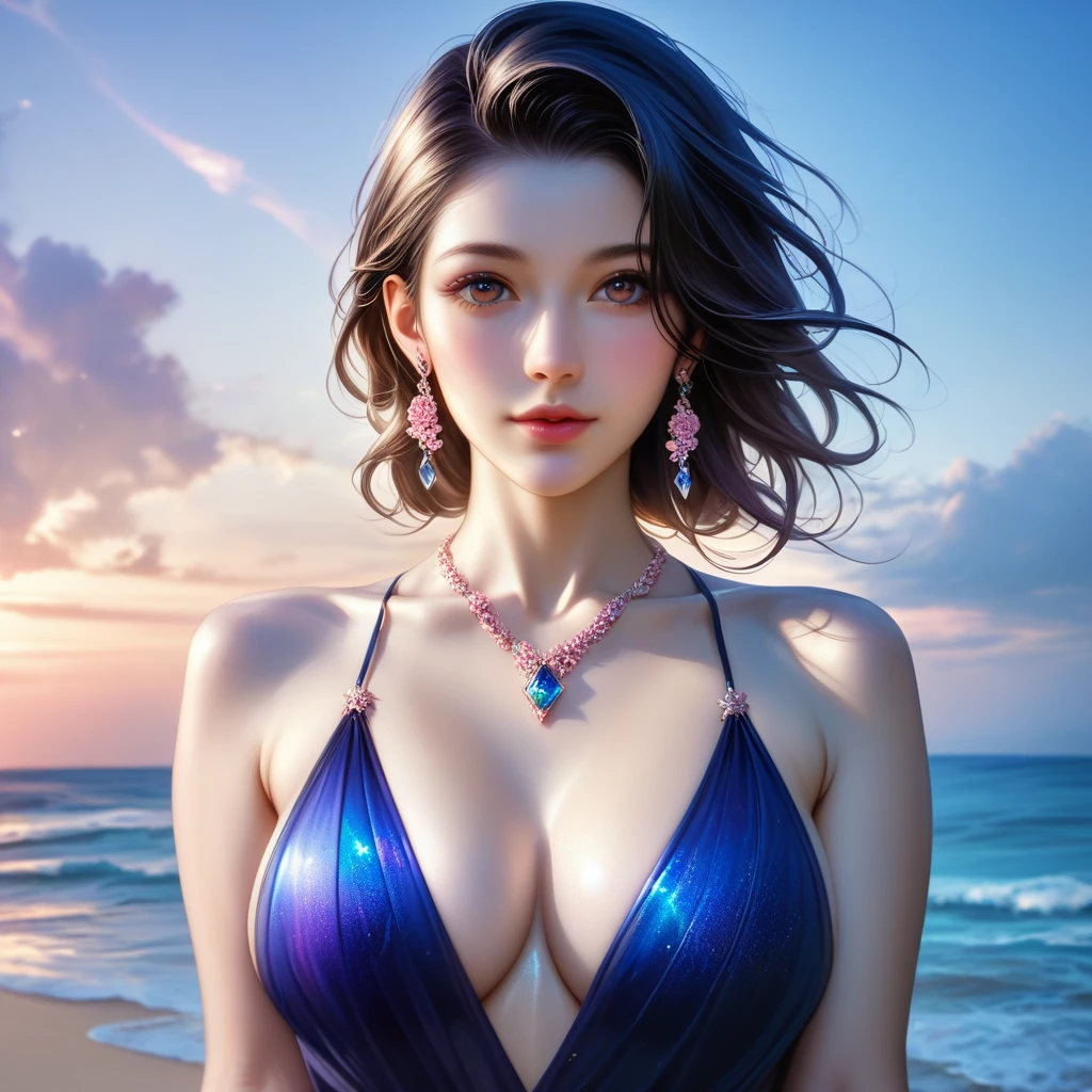 score_9, score_8_superior, score_7_superior, A masterpiece in 32K resolution,Highest quality,it is really amazing,Very detailed,Ultra-high resolution,Ultra-realistic,Realistic,Increased depth of field,Cinematic lighting,
Sexy mature Japan woman,
black straight medium hair,Ultra-detailed and beautiful face,Gentle expression,Translucent white skin,Realistic skin texture,
Elegant swimwear,
Elegant and luxurious design,Colorful color patterns,Beautifully detailed decoration,Detailed fabric texture,
Gorgeous necklace,Earrings,
Coastline at night,delay々A desolate sandy beach that continues,The huge moon illuminates the beach in a fantastic way,Dark clouds floating in the dark night sky,
Cinematic Angle,