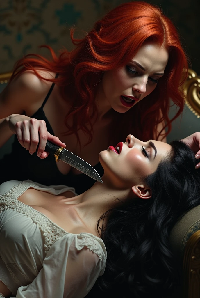A very cute beautiful Indonesia luxury girls knife, cut throat A boy blindfold neck bloody splash, full body, wide open throat, throat contents
