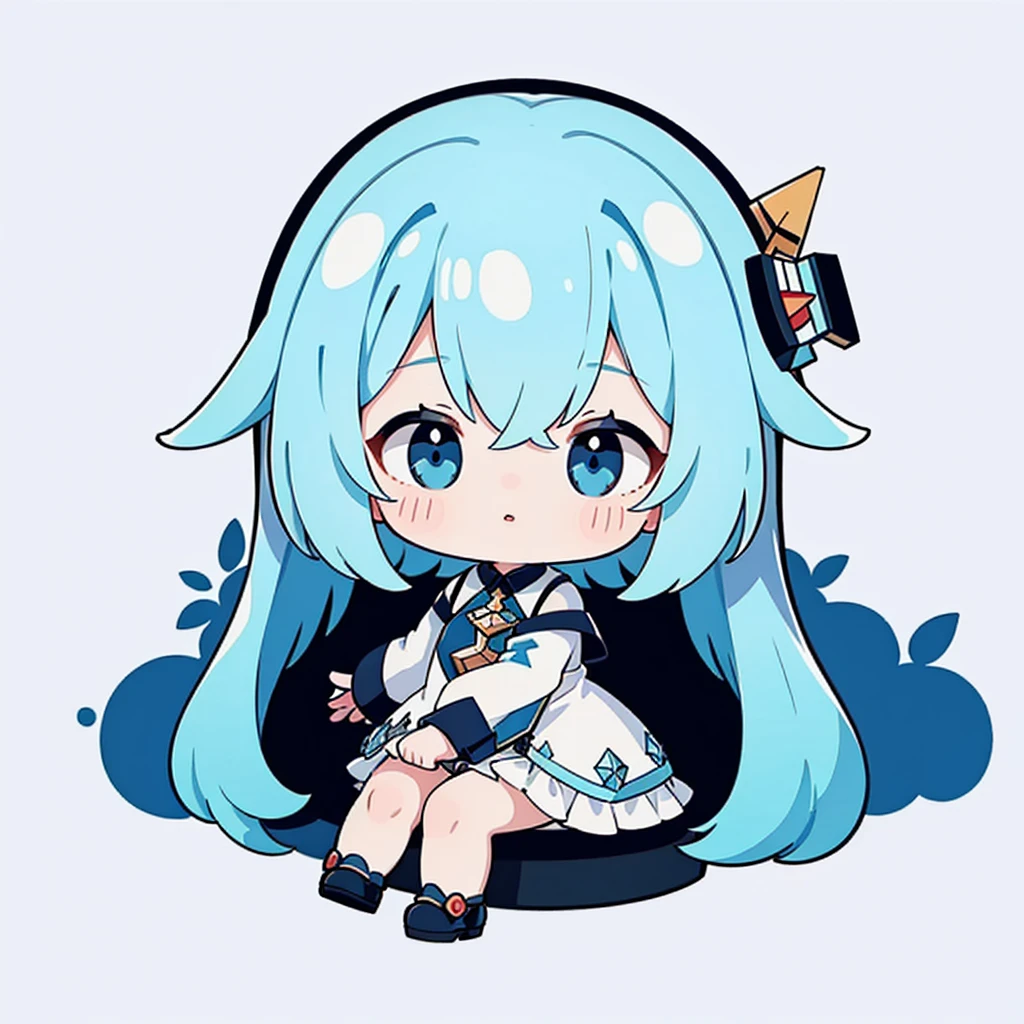 Little、cute、Ultra-high resolution、Best aesthetics、Top quality foot depiction、Anime Style、Flat avatar、Milky white and blue hair color、Long Straight Hair、Sitting with her legs stretched out、Inside a circular shape、Simple Background、Gundam-inspired clothing、