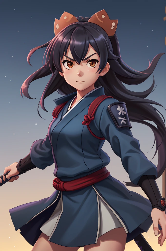 Highest quality, masterpiece, High resolution, alone, (Kantai Collection),Shinsengumi,(smug face),(Small breasts),roar, (Japanese sword),Ninja,Night Sky_background,Young Girl,Anime Style, Highest quality, 4K, masterpiece,, alone, 1,whole body,looking at the camera, Shinkai Makoto style, (dark blue_coat),(Full Finger), (Accurate fingertips), (The finer details), Hyper Detail, (Subtle details),