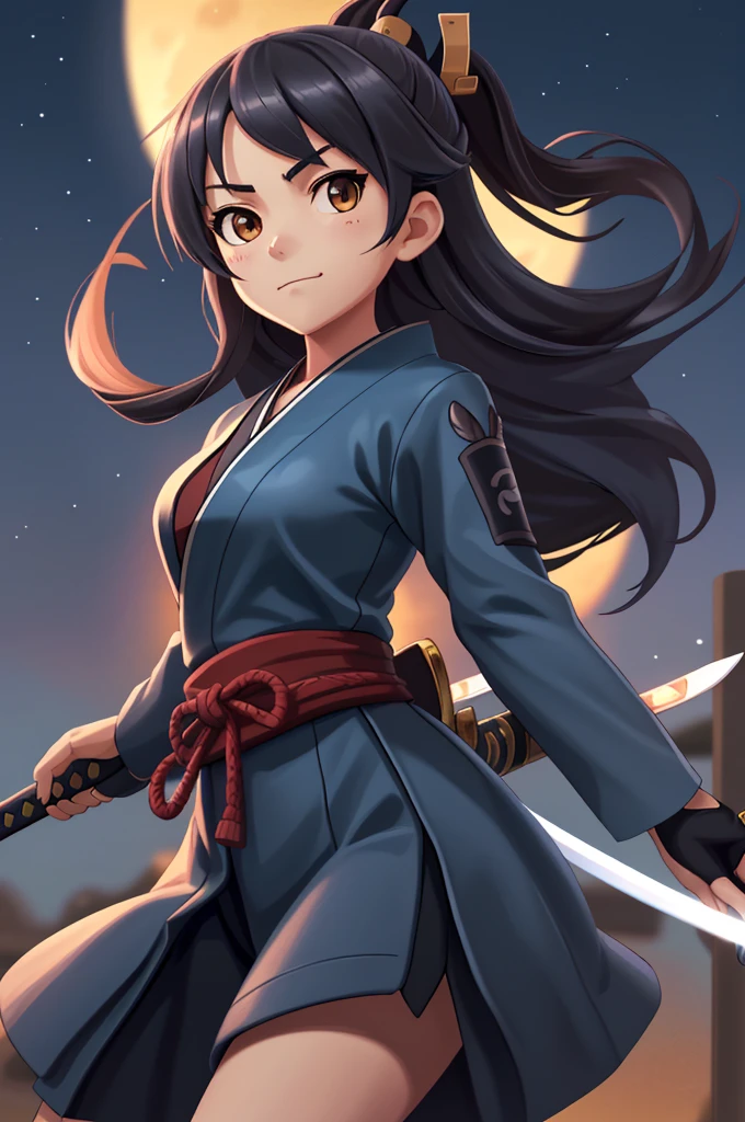 Highest quality, masterpiece, High resolution, alone, (Kantai Collection),Shinsengumi,(smug face),(Small breasts),roar, (Japanese sword),Ninja,Night Sky_background,Young Girl,Anime Style, Highest quality, 4K, masterpiece,, alone, 1,whole body,looking at the camera, Shinkai Makoto style, (dark blue_coat),(Full Finger), (Accurate fingertips), (The finer details), Hyper Detail, (Subtle details),