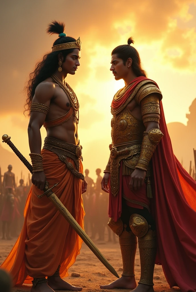 Imagine a pivotal moment in the Kurukshetra War where Lord Krishna approaches Karna, the son of Surya. In a moment of intense battlefield tension, Krishna makes a profound promise to Karna. Write a dialogue or monologue where Krishna, addressing Karna, acknowledges his valor and sense of duty, and offers a promise that reflects both his divine perspective and the gravity of Karna’s situation. How does Krishna frame his promise, and how does Karna react to this divine intervention?"