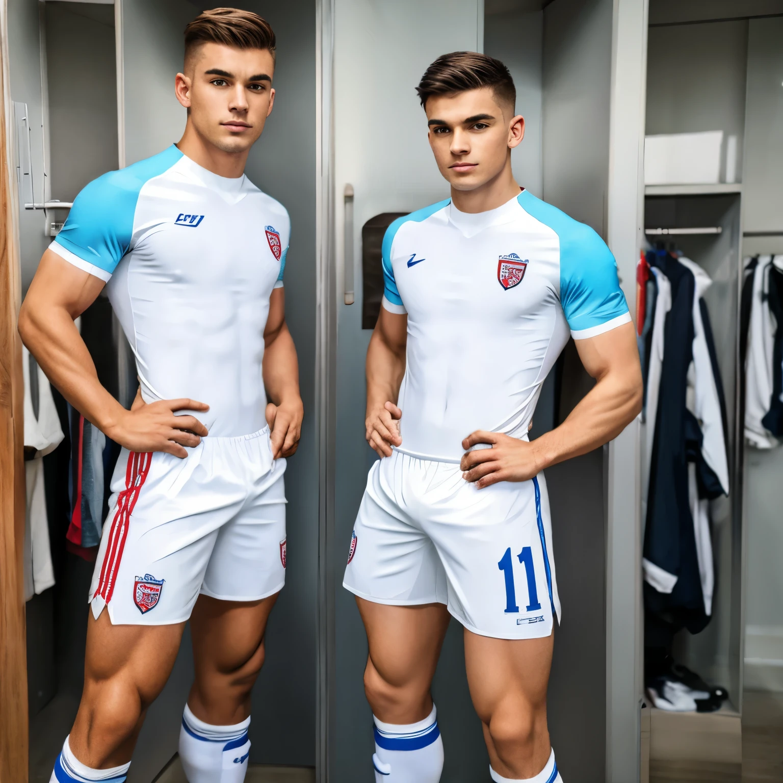 full view full body, 2 different handsome white european white young college boys with undercut clean haircuts, well-muscular, in shiny silky soccer jerseys, shorts, white high pulled up soccer socks, soccer cleats, embracing in college locker room