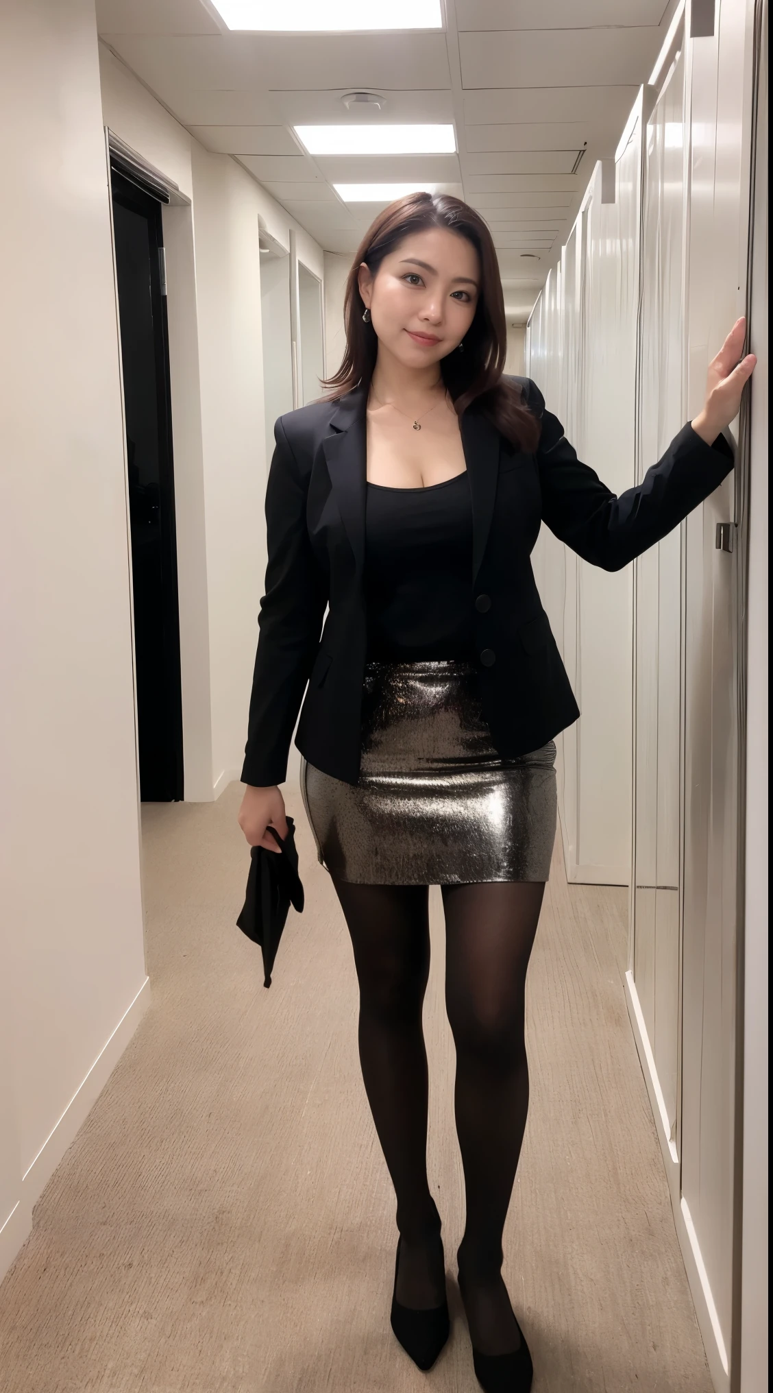 ((Highest quality、8k、masterpiece:1.3))、Realistic, Sharp focus, High resolution, High resolution, alone, Japanese, Middle-aged women, Beautiful woman, sexy, (suit, Tight Skirt, Ultra-realistic pantyhose:1.3), (Full Body Shot:1.2) , 43 years old, Plump, Bob Hair, Wrinkles around the eyes, Office Changing Room, many steel lockers, Dark Background, Beautiful mature woman