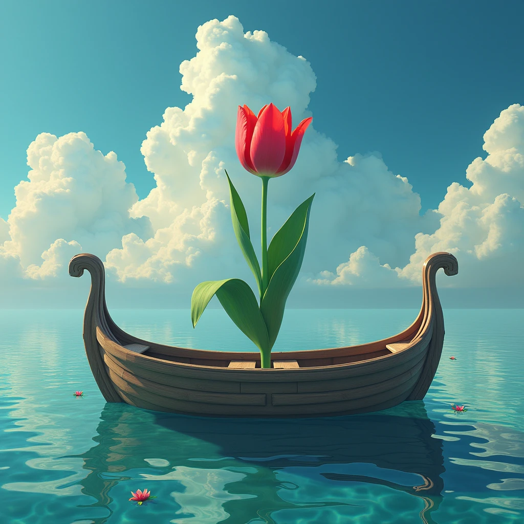 there is a boat with a tulip on it floating in the ocean, surrealistic digital artwork, surreal like dali, kerem beyit, surrealist conceptual art, surreal illustration, surreal art, surreal concept art, surreal digital art, 3 d epic illustrations, , beautiful digital artwork, surrealist artwork