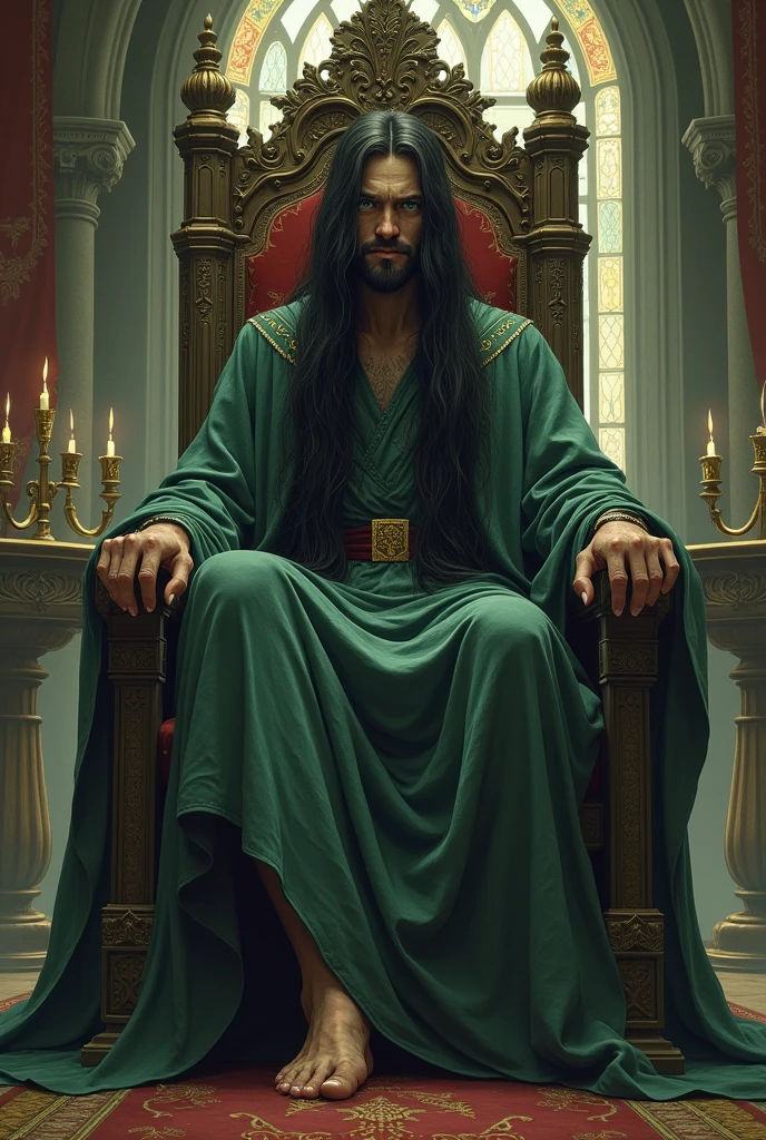 Create an illustration of a medieval fantasy role-playing wizard character, a pale elven man with extremely long, flowing dark hair., green eyes and sad face/tired sitting on a throne resting his beardless face