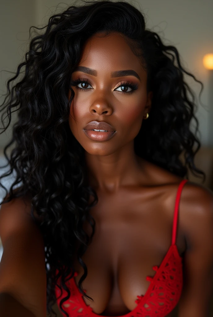  there is a black woman , the woman has curly black curly, she has brown skin, with dark brownish skin, with long curly, long black wet  bouncy curls  she is taking a long shot selfie in  sexy red lingerie