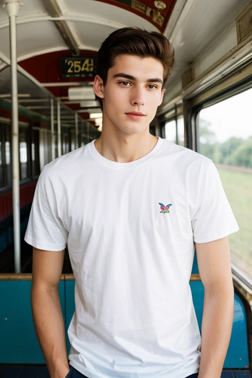 A young man, Beautiful, handsome, skinny, white t-shirt white riding on an old train a parrot on his shoulder