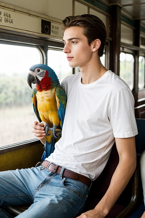 A young man, Beautiful, handsome, skinny, white t-shirt white riding on an old train a parrot on his shoulder