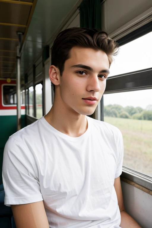 A young man, Beautiful, handsome, skinny, white t-shirt white riding on an old train a parrot on his shoulder