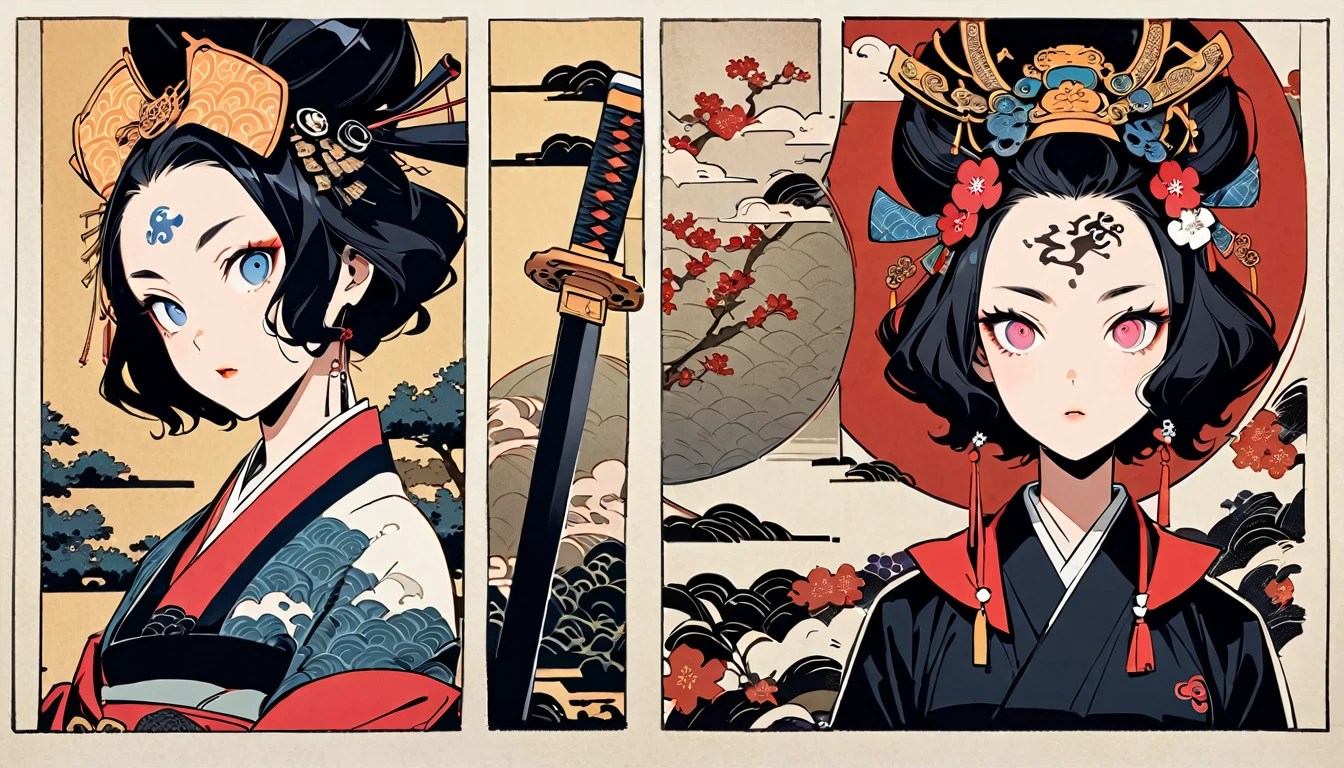 Ink painting, (((1 girl))), (((Tattoo in the middle of the forehead))),(((In the background is the Akatsuki moon))), (((dressed as a samurai))), (((holding a katana sword))), (((Oiran))), (((Great hair accessories))), Japanese style headphones, Demon possession, (((Sakura tree color eyes with engraving inside))),Face up close, Japanese beauty, White hair, Sensitive and precise, Modern Ukiyo-e style, Highest quality, katsushika hokusai, (((Elements of horror))), beautiful girl, Black hair, Sensitive and precise, Modern Ukiyo-e style, Cyberpunk city