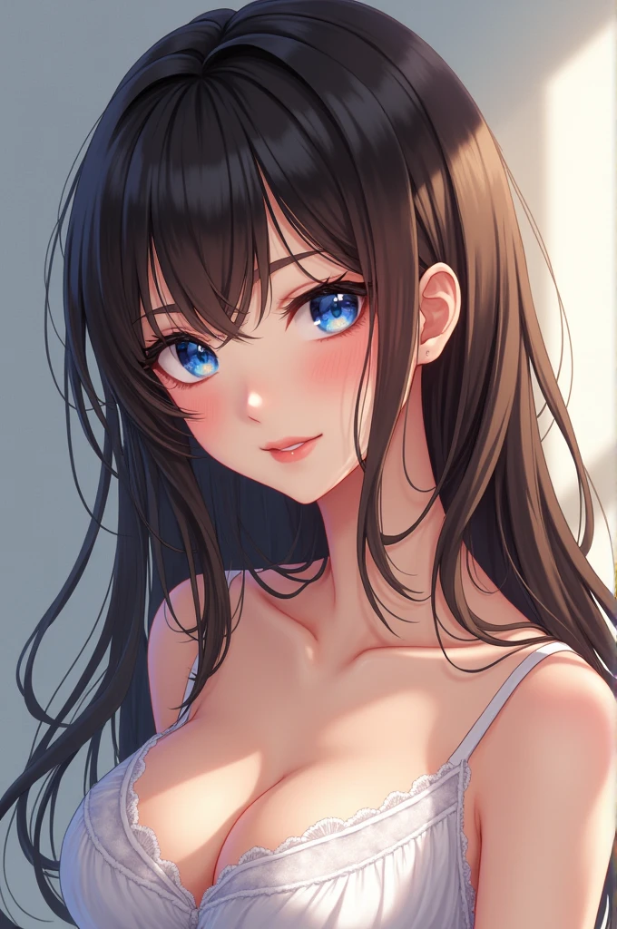 Anime girl with mature and sexy features,skin fair,blue colored eyes,and dark brown hair 