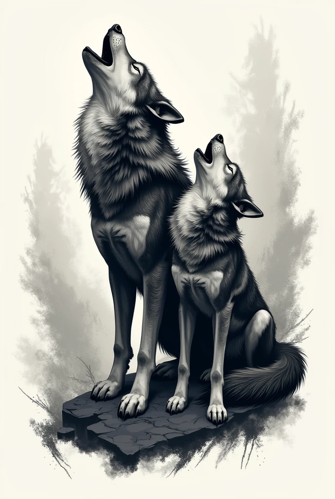 I would like a basic tattoo of a big wolf and a small one to get a tattoo, and they both howl on the same side
