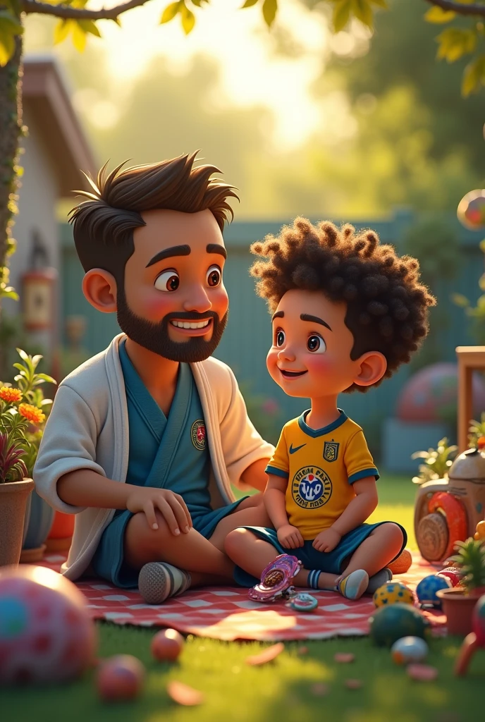 Father with short hair and beard and son with curly hair wearing a São Paulo Football Club shirt talking in the backyard with several toys around, judo kimono, bal, blayblade, Video game, skate, 