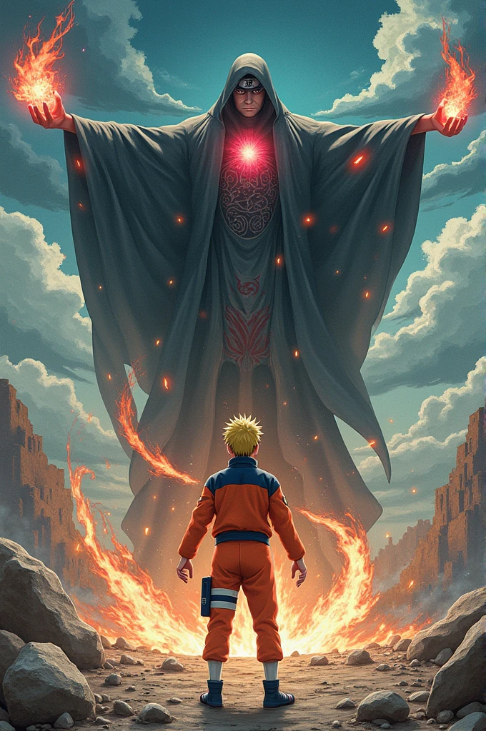 1.Dynamic Fight Scene: Capture a dramatic moment from their battle, with Naruto in Sage Mode and Pain using his Rinnegan abilities. You could have Naruto in the foreground, with a powerful Rasengan, and Pain with his Six Paths of Pain, showing off his various abilities.
2.Contrasting Styles: Feature Naruto in his bright orange jumpsuit and Pain in his dark, ominous robes. This contrast can emphasize their opposing natures—Naruto’s optimism versus Pain’s despair.
3.Symbolic Background: Use a background that symbolizes their conflict, such as a destroyed Konoha or a dark, stormy sky. Adding elements like Naruto’s Nine-Tails chakra or Pain’s gravity-defying powers could enhance the visual impact.
4.Artistic Touch: Incorporate a blend of manga and anime styles. For a more artistic touch, you could use watercolor or abstract patterns to represent their energies and emotions