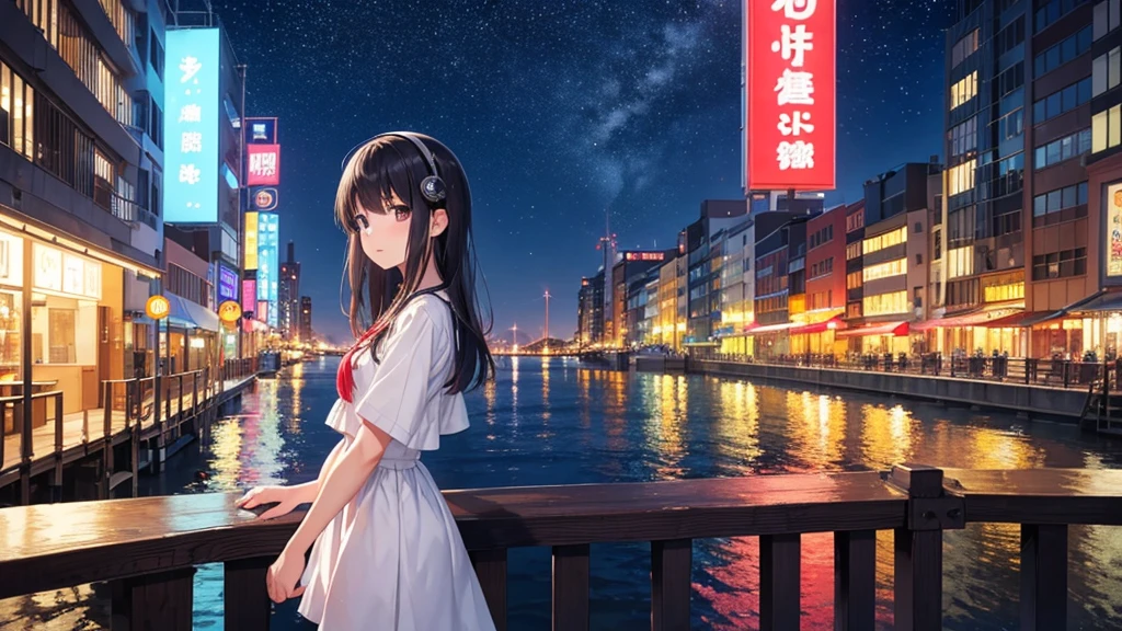 Enjoy boat racing at Suminoe Boat Races。A young girl with black hair wearing stylish clothes and headphones labeled "lo-fi" The girl is shown in profile, gazing into the distance with a calm, relaxed expression Background depicts the iconic scenery of Namba, Osaka at night, without any text on signs A starry night sky adding to the peaceful atmosphere Overall mood is quiet and serene, perfect for lo-fi music Detailed hair rendering and careful attention to the girl's fashionable outfit The entire scene should evoke a relaxing, introspective feeling associated with lo-fi music
