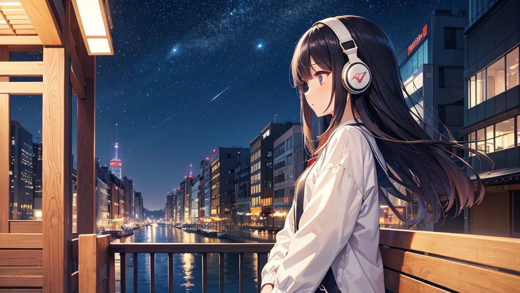 Enjoy boat racing at Suminoe Boat Races。A young girl with black hair wearing stylish clothes and headphones labeled "lo-fi" The girl is shown in profile, gazing into the distance with a calm, relaxed expression Background depicts the iconic scenery of Namba, Osaka at night, without any text on signs A starry night sky adding to the peaceful atmosphere Overall mood is quiet and serene, perfect for lo-fi music Detailed hair rendering and careful attention to the girl's fashionable outfit The entire scene should evoke a relaxing, introspective feeling associated with lo-fi music