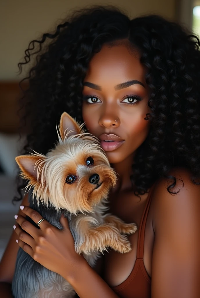 there is a black woman , the woman has curly black curly, she has brown skin, with dark brownish skin, with long curly, long black curly hair she is taking a long shot selfie while kissing her Yorkshire terrier