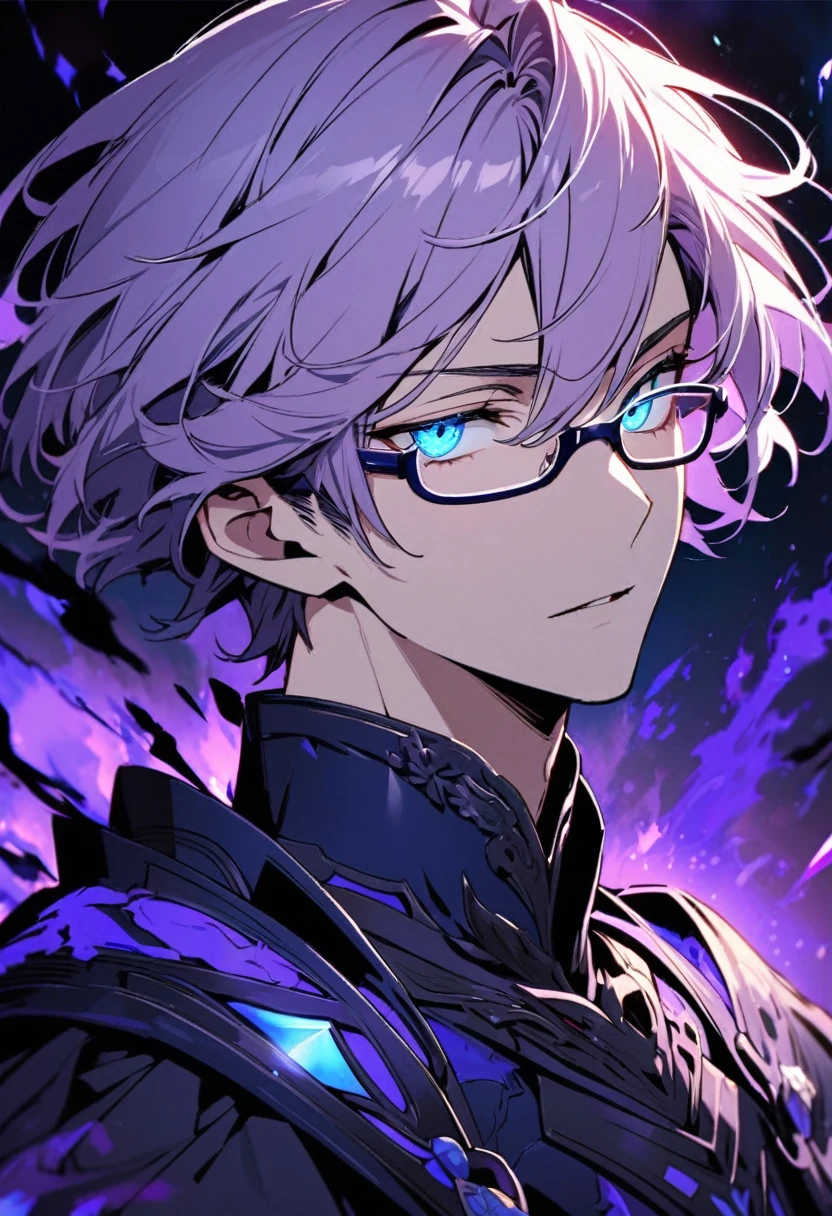 male, solo, handsome, light purple hair, beautiful color,  short hair, blue eyes, glasses, gorgeous background, dark blue aura, glowing eyes, beautiful eyes,  floating blue gemstone, floating purple  warrior, short hair, half eyes