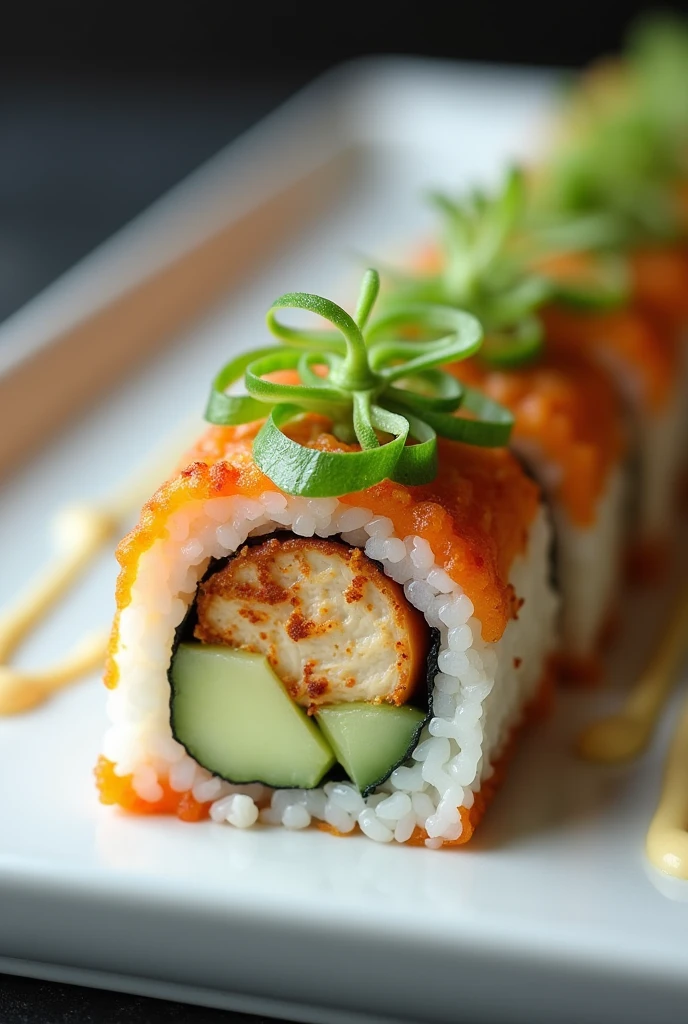 A sushi roll, with chicken reshmi kabab, thinly sliced cucumber and garlic myo sauce