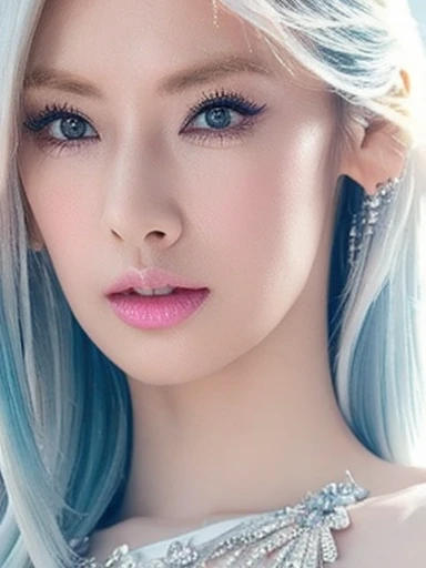 day, Princess of cupid and love,majestic,angelic,glamorous detiled dress,short white hair with light blue at the ends,white/lighr blue/blue/light pink/dark red colour pallete,pretty make-up,glamorous dress,Gorgeous,Jewelry,monochromes,goddess,dark Fantasy,dark Venus,posing,Dynamic Posing,Dramatic,Cinematic,Detailed background,light fantastic view,Best Quality,masutepiece,8K,The ultimate detailed light background, best image quality、RAW photography、超A high resolution、show legs,cropped shoulders,close-up all over the body,Be red in the face,good anatomy (Hand optimization),(Details are strengthened),(High Picture Quality) An 18-year-old female、Shot for one person only、model shoot、medium breasts、Beautiful Eyes of Details、Very slender eyes, Beautiful eyelashes、beautiful double eyelid、Very slim physique, Shy, with blush cheeks,upper body visible,crystals in background