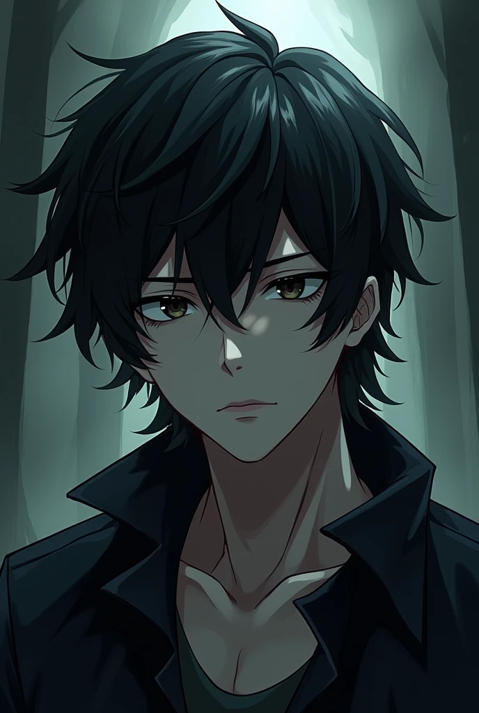 dark alluring anime guy with medium hair, frowning, pale