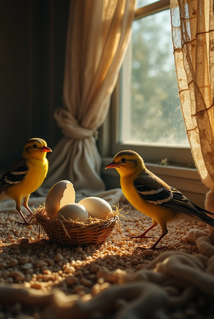 A mother trying to save the eggs in nets which is in her house in bedroom one of the egg is broken and the birds see it