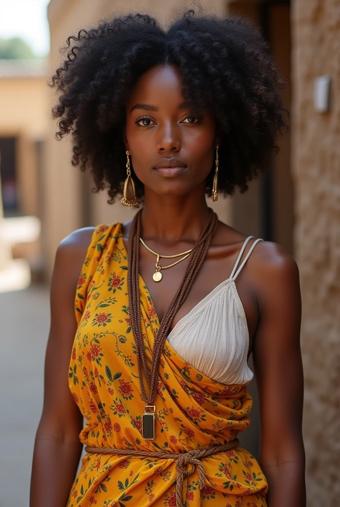 A brunette girl with curly hair and big breasts , taking a realistic photo African dressed Malian modestly with amateur photo several photos in Bamako of this kind.