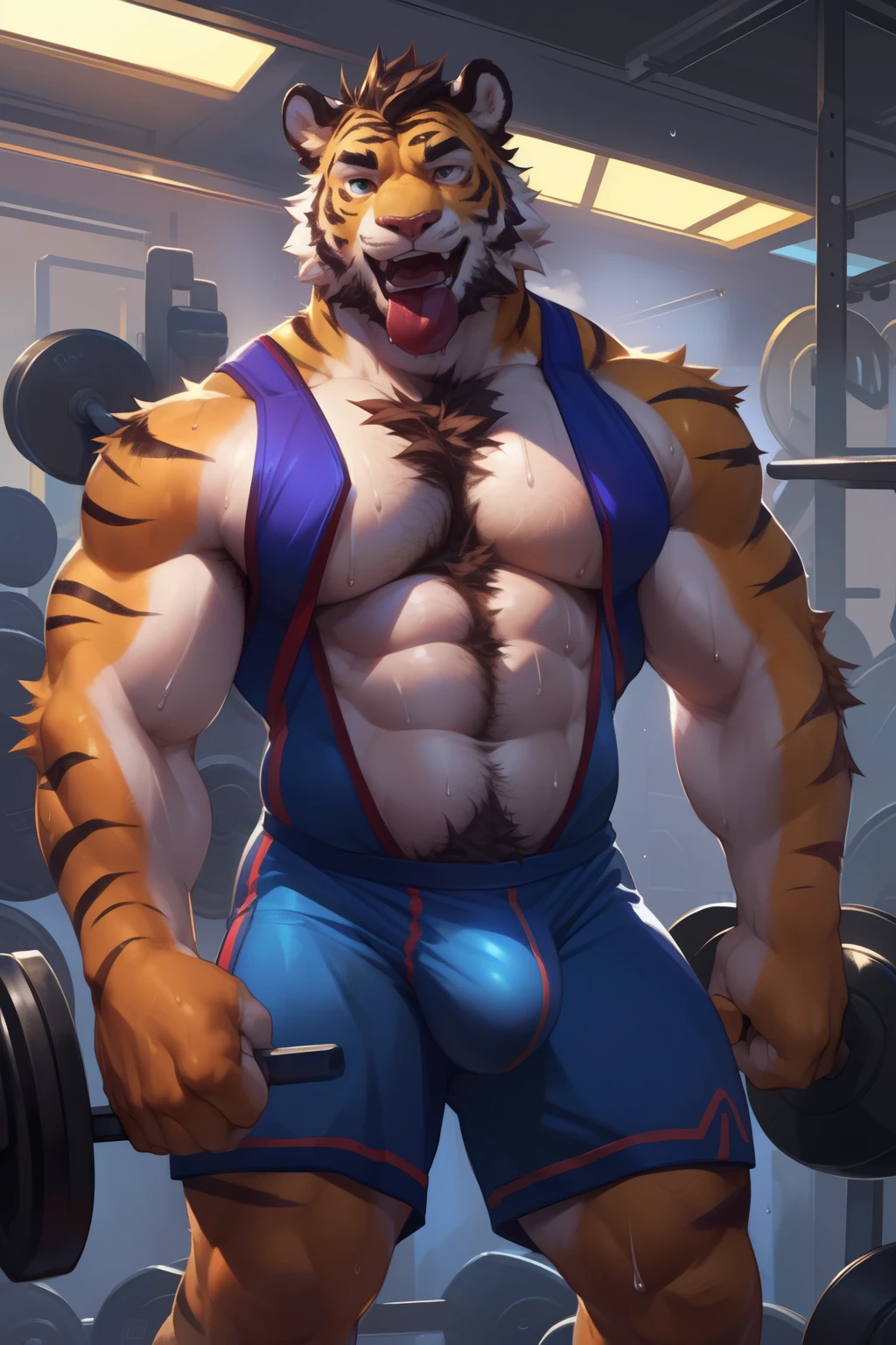 super slim and tall, 6 pack abs, no fat, tall male middle aged, slim waist, anthro tiger, gym trainer, thin beard, flirting, dynamic light, wearing a wrestling singlet ,((hot weather, sweating a lot):1.2), hairy body, black super hairy chest, extremely hot and sexy, exhausted face, tongue's out, Daddy figure, hot daddy, by darkgem, by zixiong, by glitter trap boy, ((working out in a gym):1.2), bulge