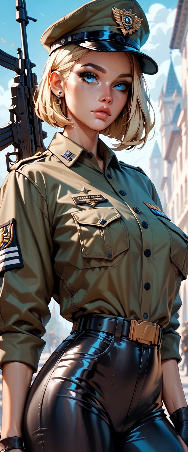 Bobcut　Blonde　forehead　soldier　Nazis　uniform　Officer　陸軍Officer　Black costume　Army Costume　Wearing military gear　Army Caps　Long sleeve　Long trousers　((Loose-fitting clothing))　((Upper Body))　Big eyes　Blue eyes　Highest quality　Super detailed　detailed woman　High quality　8k　