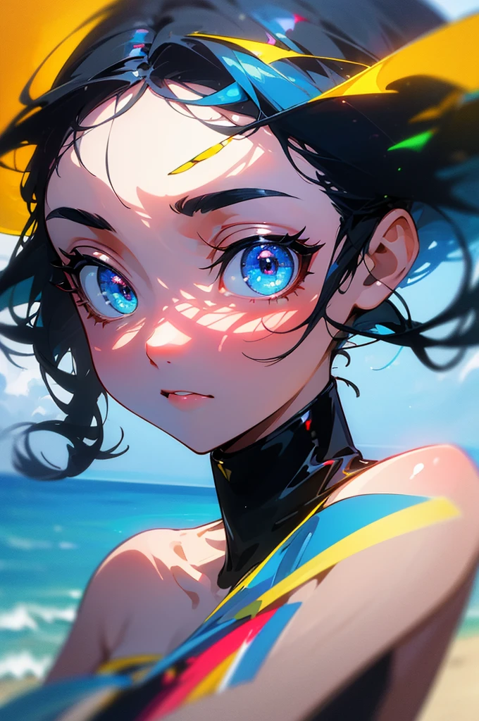 (masterpiece, Highest quality, 8k, 4K, Insane Details, Vibrant, beautiful, One girl), Black Hair、Bob Hair, Bright Blue Eyes, Wearing a cute summer dress, Background beach, Shy, Beautiful Eyes, Beautiful Face, Perfect body, Perfect hands, Smart Body