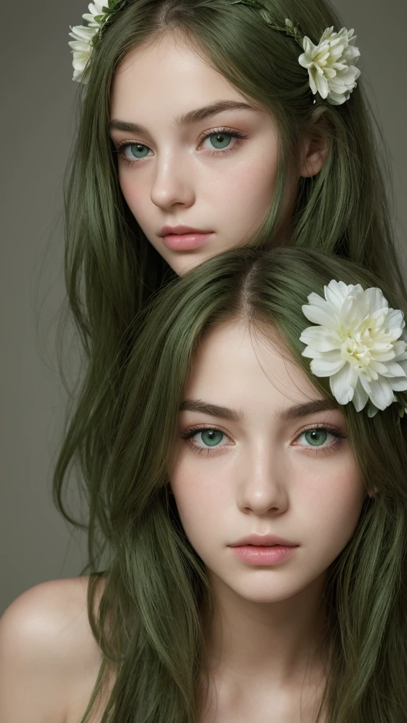 face portrait. a girl. european. extremely detailed face. oval face. delicate features. half-closed eyes. soft eyes. sad expression. seductive eyes. green eyes. long messy hairstyle. green hair. wreath on head. front view