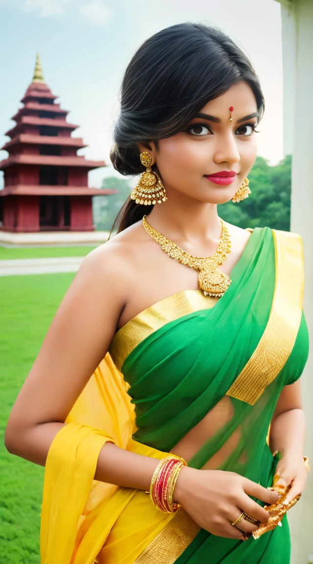 wear green designer printed Saree and blouse, a bindi on the center of the forehead, extra big chest, 36D, Indian temples in background, flower basket, very well dressed, going to temple for prayers, golden heavy jewellery, very beautiful 25 year old indian girl, full body photo, mehendi in hands, random hair style, holding Puja plate with Puja items for lord Shiva, lord Shiva temple in background, jewelry, gem, necklace, necklace set, tika, vermilion, nathiya, ear rings, mangalsutra, golden haar, gold bracelet, anklets, thick lips, holding flower basket for Puja in hand, skindentation, parted lips, full body photo from front, beautiful face, beautiful body, (detailed eyes), ulzzang-6500-v1.1, thick eyelashes, long eyelashes, random hair style, broad light, backlighting, bloom, light sparkles, chromatic aberration, sharp focus, Nikon Z 85mm, unparalleled masterpiece, ultra-realistic 8k photos, best quality masterpiece, best quality,