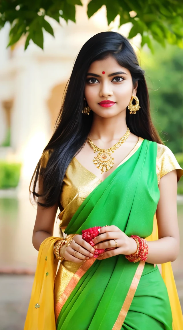 wear green designer printed Saree and blouse, a bindi on the center of the forehead, extra big chest, 36D, Indian temples in background, flower basket, very well dressed, going to temple for prayers, golden heavy jewellery, very beautiful 25 year old indian girl, full body photo, mehendi in hands, random hair style, holding Puja plate with Puja items for lord Shiva, lord Shiva temple in background, jewelry, gem, necklace, necklace set, tika, vermilion, nathiya, ear rings, mangalsutra, golden haar, gold bracelet, anklets, thick lips, holding flower basket for Puja in hand, skindentation, parted lips, full body photo from front, beautiful face, beautiful body, (detailed eyes), ulzzang-6500-v1.1, thick eyelashes, long eyelashes, random hair style, broad light, backlighting, bloom, light sparkles, chromatic aberration, sharp focus, Nikon Z 85mm, unparalleled masterpiece, ultra-realistic 8k photos, best quality masterpiece, best quality,