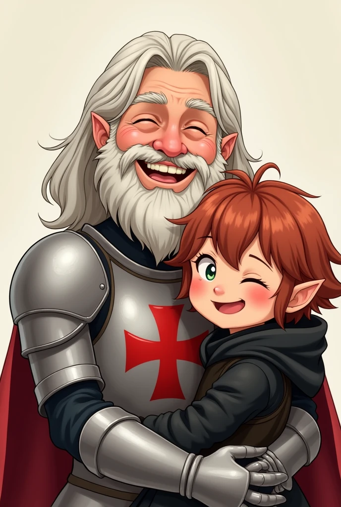 An elderly human with shoulder-length white hair and a beard, human ears silver armor with a red maltese cross on the chest, next to a 1 year old brunette elf,68, with reddish brown hair and black clothes, both smiling at the camera, アニメ