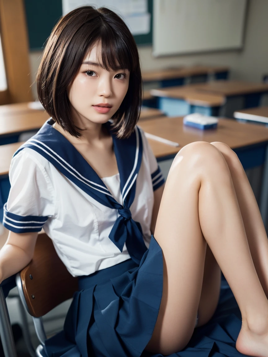 (masterpiece:1.2), Very detailed, Ultra-high resolution, (Realistic, photo Realistic:1.6), High-resolution RAW color photos, Professional photos, Sharp focus:1.2, (Very detailed顔と肌の質感, Very beautiful eyes, Glossのある肌, Glowing Skin, Glowing Skin, Shining Face, Gloss, Oily skin, greasy face, Oily skin, greasy face,),, (real Glossのある肌 texture), Perfect Anatomy, Very detailed背景,(High school classroom at night),1 female,25-year-old woman, Japanese women,Height: 168cm,(short hair, Straight hair, bangs, Brown Hair),((Flat Chest:1.6)),(Slender legs), ((((White short-sleeved sailor suit、Navy blue pleated skirt:1.5、Perfectly detailed sexy thong panties under skirt))),(Sit on your desk with your knees upright:1.4),Invite to sex