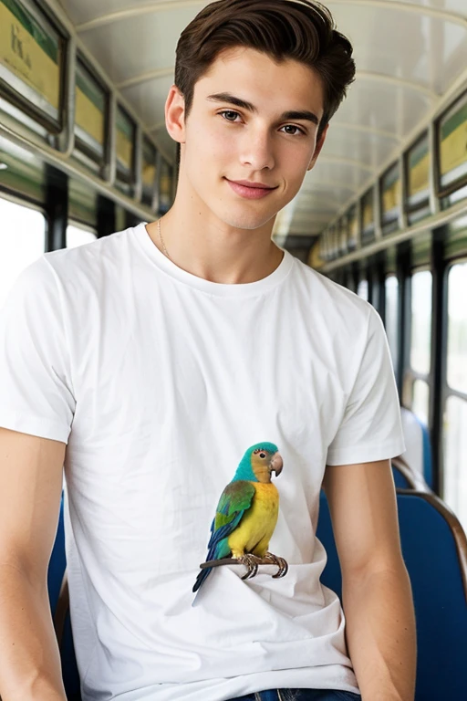 A young man, Beautiful, handsome, skinny, white t-shirt white riding on an old train a parrot on his shoulder