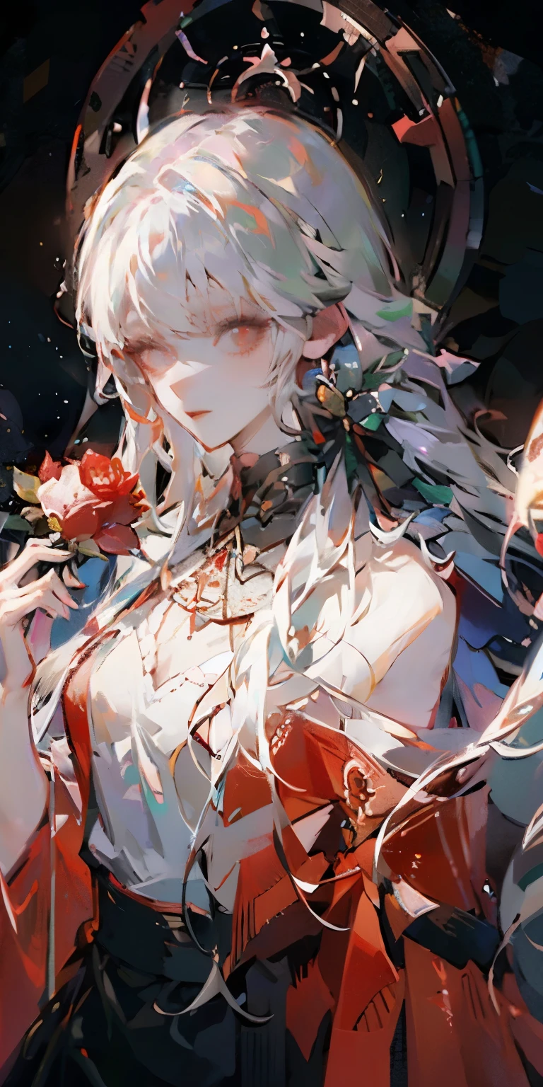 (best quality, masterpiece), (1 Girl, Solitary, Black skirt, permanent , Looking at the audience, White hair, Red Eyes, Holding a rose, Shut up, Upper Body), (There is a red dream catcher behind, safflower, )