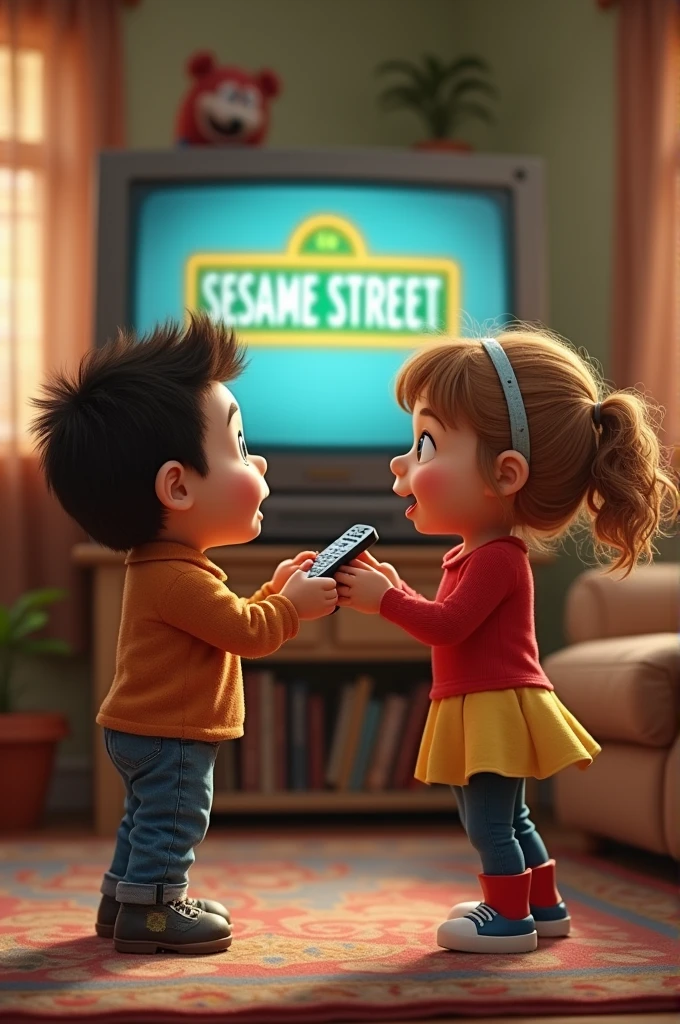 Two human children one boy one girl fighting over sesame street on tv