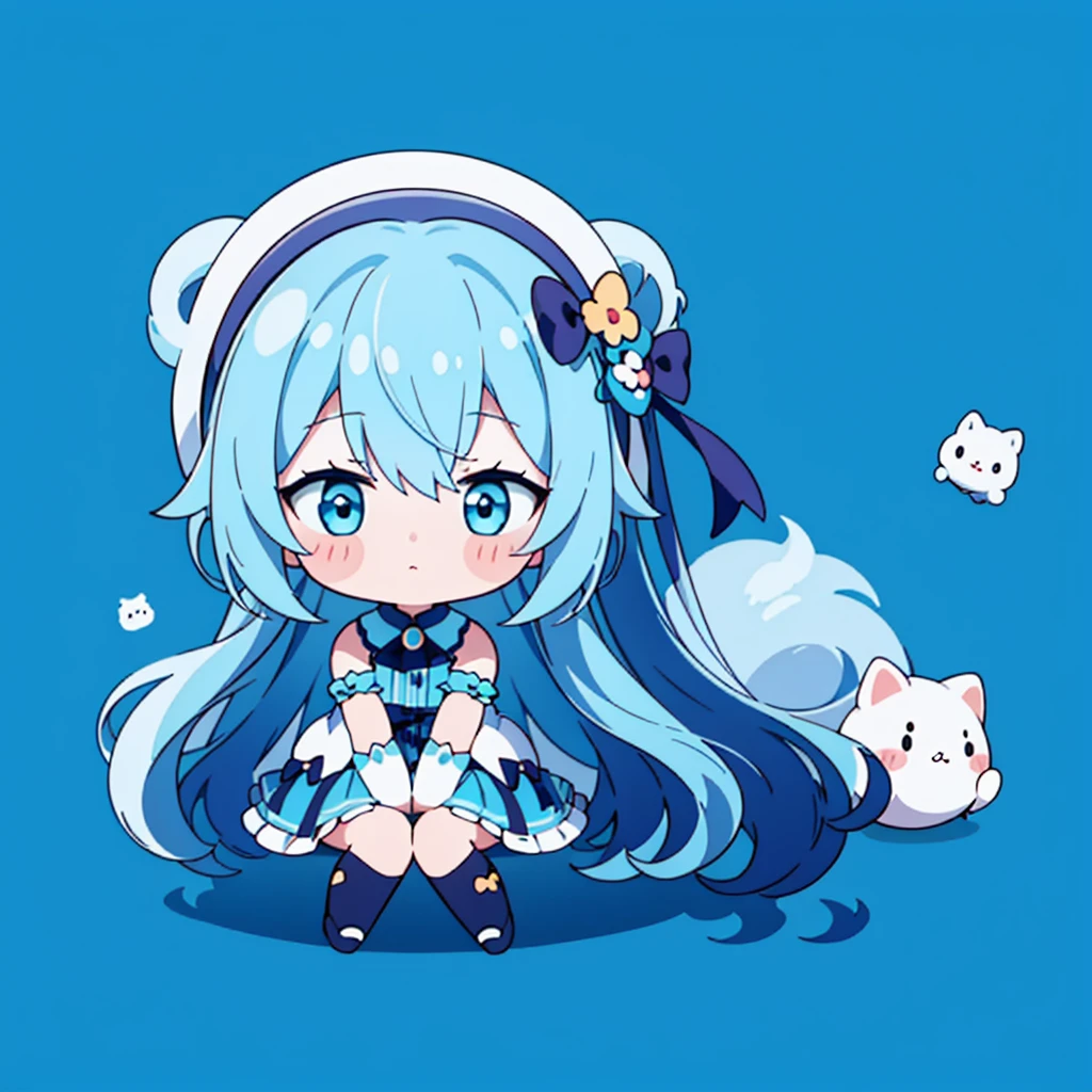 Little、cute、Ultra-high resolution、Best aesthetics、Top quality foot depiction、Anime Style、Flat avatar、Milky white and blue hair color、Long Straight Hair、Sitting with her legs stretched out、Inside a circular shape、Simple Background、Sanrio Character Plush Toys、