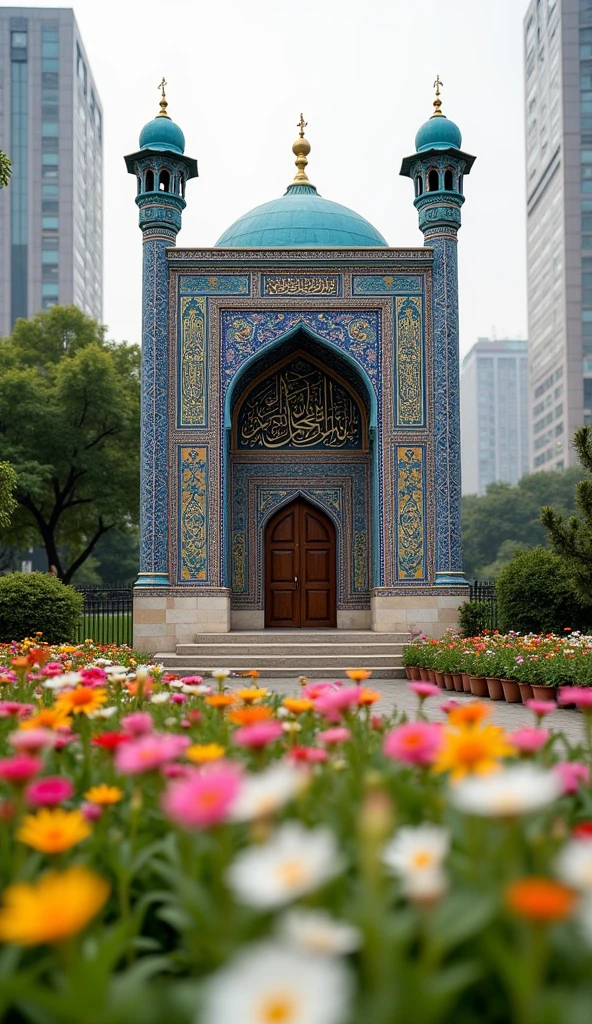 T Tiny Uzbek-style mosque full of Samarkand calligraphy amidst pastel-colored flower gardens in downtown Seoul, South Korea